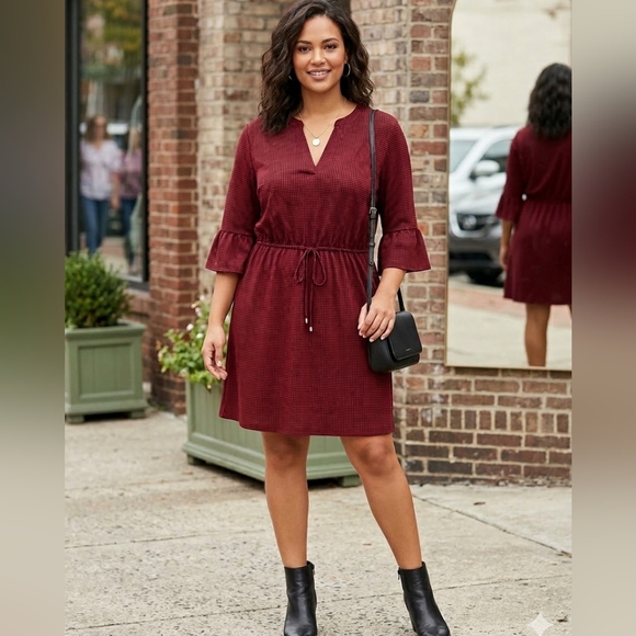 Maurices Dresses & Skirts - Maurices Maroon Bell Sleeve Dress V-Neck Tie Waist Boho Cottagecore O Plus